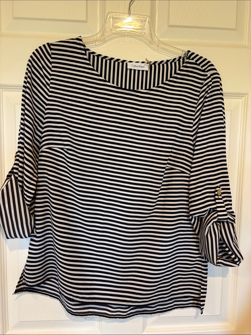 Calvin Klein Black & White Striped Boatneck Blouse